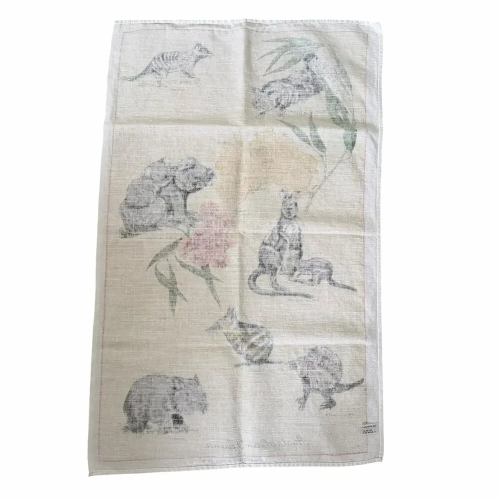 Vintage Ross Australian Fauna Tea Towel Souvenir Map Animals Cotton Linen